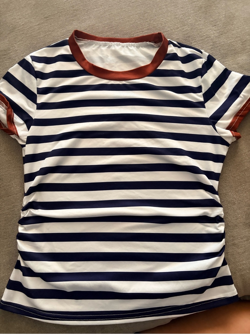 Striped Navy & White Tee with Rust Trim - Women